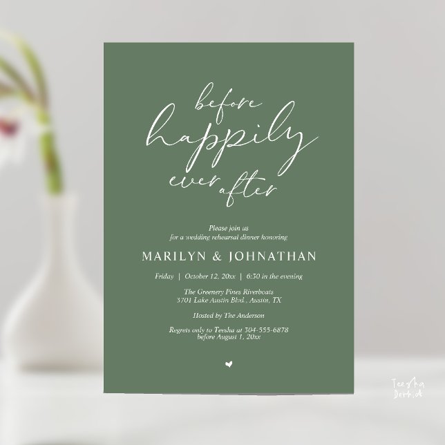 Before Happily Ever After, Romantic Rehearsal Invitation (Before Happily Ever After, Modern Romantic Rehearsal Dinner Invitation Card in Sage Green)