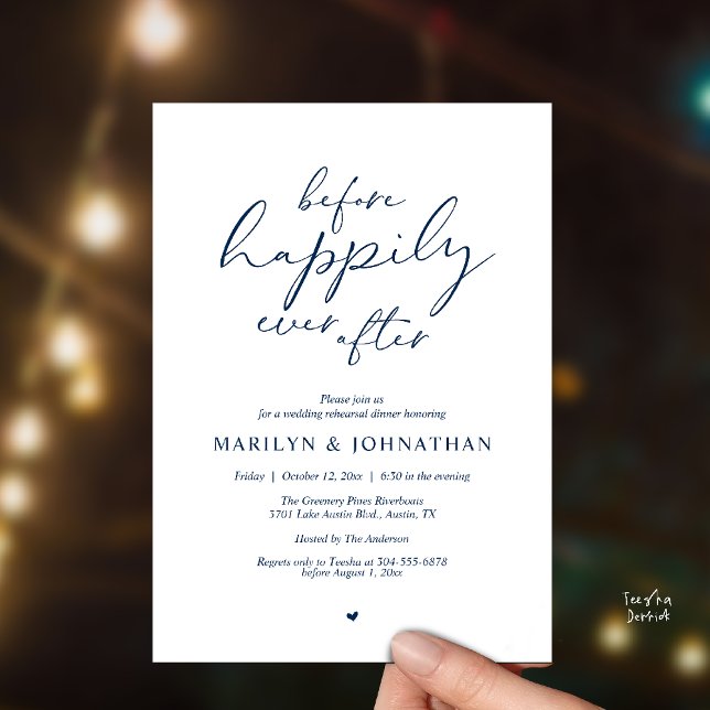 Before Happily Ever After, Romantic Rehearsal Invitation (Before Happily Ever After, Modern Romantic Rehearsal Dinner Invitation Card in Navy Blue)