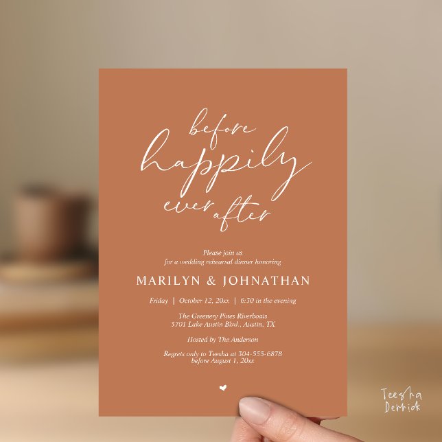 Before Happily Ever After, Romantic Rehearsal Invitation (Before Happily Ever After, Modern Romantic Rehearsal Dinner Invitation Card in Terracotta Brown)