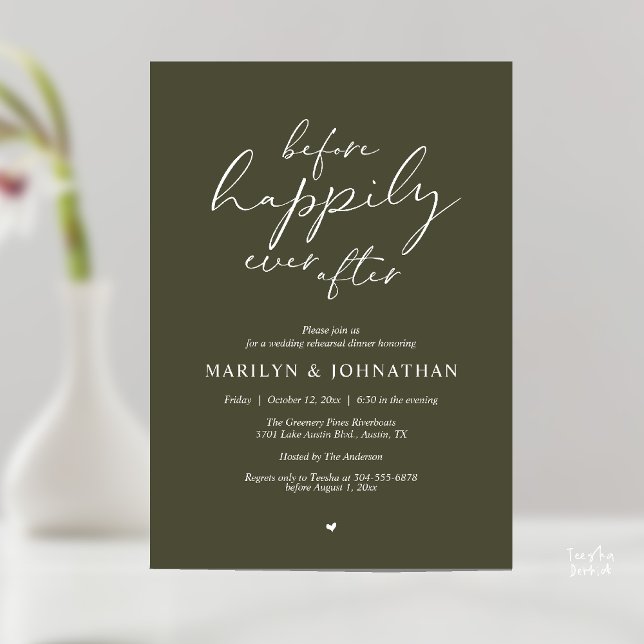 Before Happily Ever After, Romantic Rehearsal Invitation (Before Happily Ever After, Modern Romantic Rehearsal Dinner Invitation Card in Olive Green)