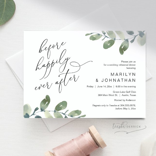 Before Happily Ever After Wedding Rehearsal Dinner Invitation (Before Happily Ever After, Wedding Rehearsal Dinner Invites Card, Downloadable, Greenery Eucalyptus)