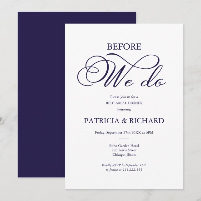 Before We Do Navy Blue Script Rehearsal Dinner Invitation (Front/Back)