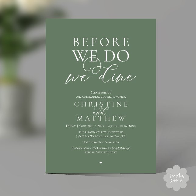 Before we do, we dine, Classy Rehearsal Dinner Invitation (Before we do, we dine, Classy Rehearsal Dinner Invitation card in Sage Green)
