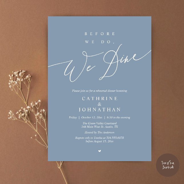 Before we do, we dine, Navy Blue Rehearsal Dinner Invitation (Before we do, we dine, Modern Elegant Romantic Rehearsal Dinner Invitation Card in Dusty Blue)