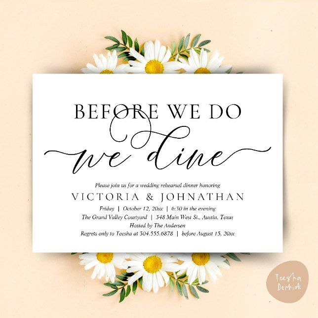 Before We Do, We Dine, Wedding Rehearsal Dinner Invitation (Before We Do, We Dine,  Wedding Rehearsal Dinner Party Classy Romantic Invites Card PDF White Black)