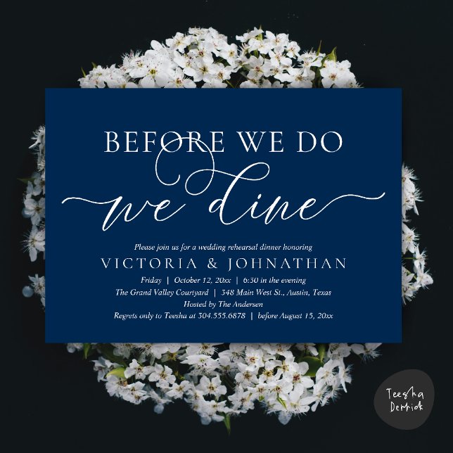 Before We Do, We Dine, Wedding Rehearsal Dinner Invitation (Before We Do, We Dine,  Wedding Rehearsal Dinner Party Classy Romantic Invites Card PDF Navy Blue)