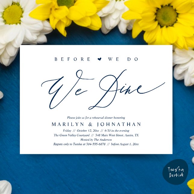 Before we do, we dine, Wedding Rehearsal Dinner Invitation (Before we do, we dine, Modern Wedding Rehearsal Romantic Dinner Invitation Card PDF Navy Blue)