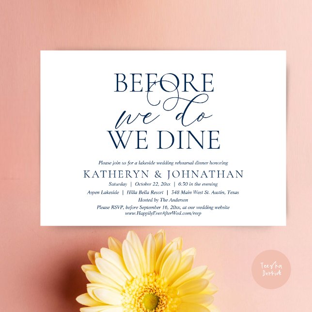 Before We Do, We Dine, Wedding Rehearsal Dinner Invitation (Before We Do, We Dine, Wedding Rehearsal Dinner Invitation Card, PDF, in Romantic Script, Navy Blue)
