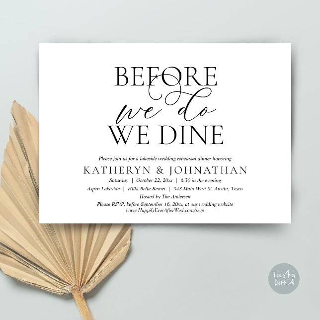 Before We Do, We Dine, Wedding Rehearsal Dinner Invitation (Before We Do, We Dine, Wedding Rehearsal Dinner Invitation Card, PDF, in Romantic Script, Black)