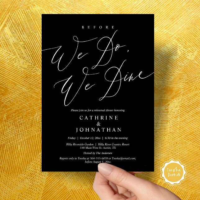 Before we do, we dine, Wedding Rehearsal Dinner Invitation (Before we do, we dine, modern romantic wedding rehearsal dinner invitation card, pdf, in black)