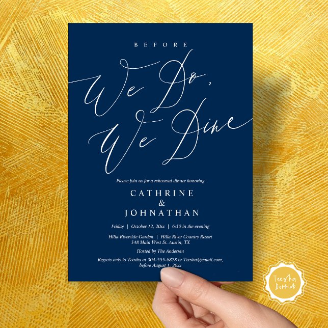 Before we do, we dine, Wedding Rehearsal Dinner Invitation (Before we do, we dine, modern romantic wedding rehearsal dinner invitation card, pdf, in navy blue)