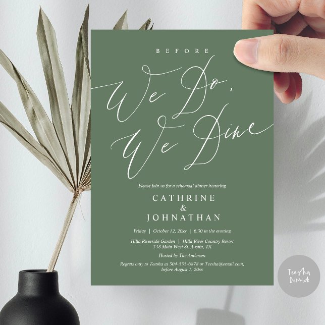 Before we do, we dine, Wedding Rehearsal Dinner Invitation (Before we do, we dine, modern romantic wedding rehearsal dinner invitation card, pdf, in sage green)