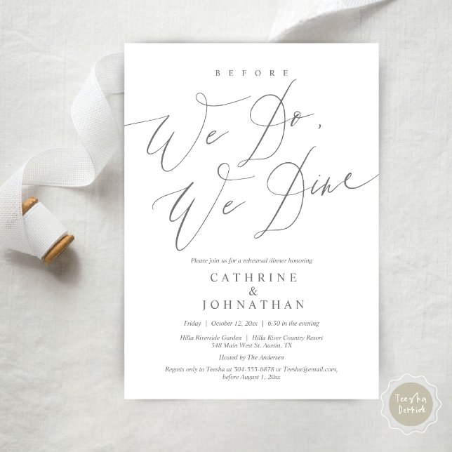 Before we do, we dine, Wedding Rehearsal Dinner Invitation (Before we do, we dine, modern romantic wedding rehearsal dinner invitation card, pdf, in dark grey)