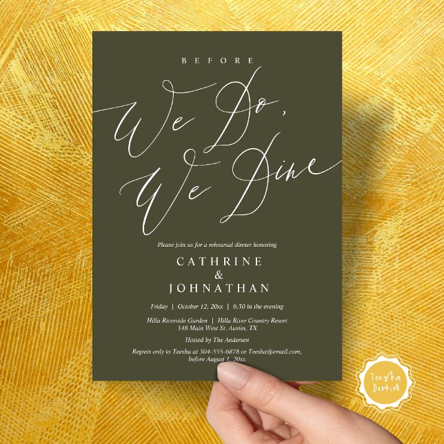 Before we do, we dine, Wedding Rehearsal Dinner Invitation (Before we do, we dine, modern romantic wedding rehearsal dinner invitation card, pdf, in Olive Green)