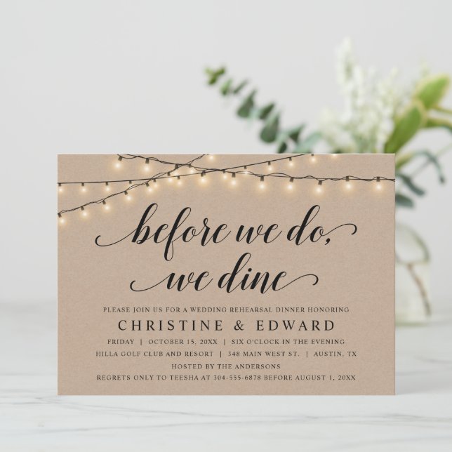 Before we do, we dine, Wedding Rehearsal, Kraft Invitation (Standing Front)