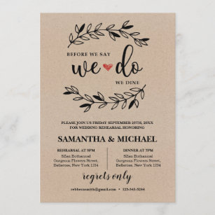 Before we say we do we dine rustic rehearsal invitation