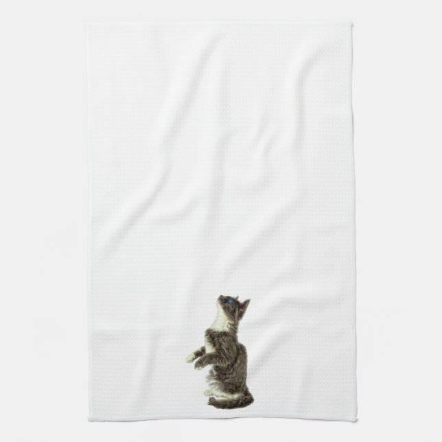 Begging Grey & White CAt Tea Towel (Vertical)