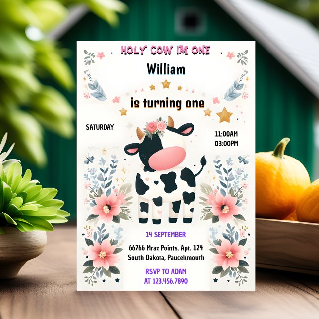 Begin Farm Cute Floral Pink Holy Cow 1st Birthday Invitation (Creator Uploaded)