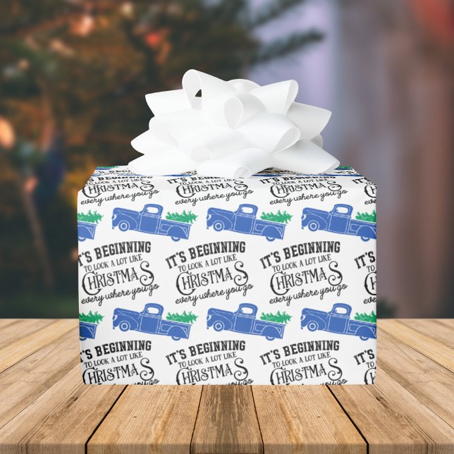 Beginning to Look Like Blue Truck Christmas Wrapping Paper (Creator Uploaded)