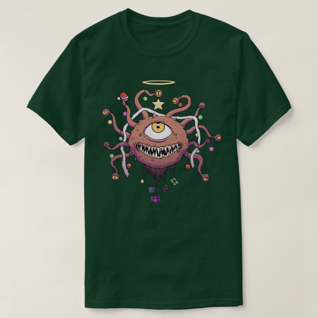 Beholder Christmas Tree Monster Dungeons and Drago T-Shirt (Design Front)