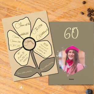 Beige 60th Birthday Simple Doodle Flower Invitation