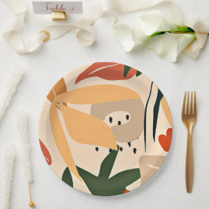 Beige Aesthetic tropical pattern Paper Plate
