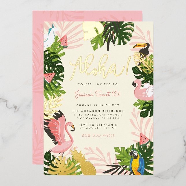 Beige | Aloha Hawaii Tropical Gold Birthday Party (Front/Back)