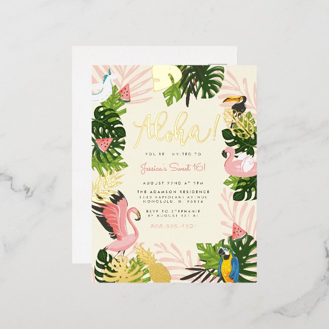 Beige | Aloha Hawaii Tropical Gold Birthday Party Foil Invitation Postcard (Front/Back)