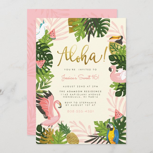 Beige | Aloha Hawaii Tropical Gold Birthday Party Invitation (Front/Back)