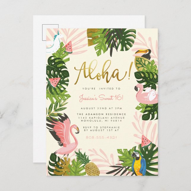 Beige | Aloha Hawaii Tropical Gold Birthday Party Invitation Postcard (Front/Back)