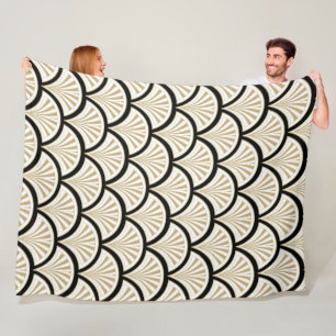 Beige and black art-deco florae pattern fleece blanket
