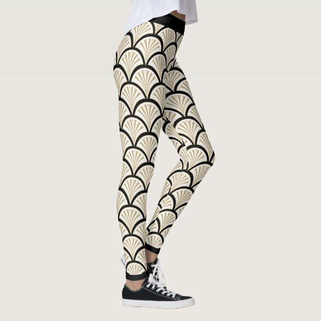 Beige and black art-deco flowers pattern leggings (Right)
