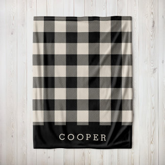 Beige and Black Buffalo Check Monogram Fleece Blanket
