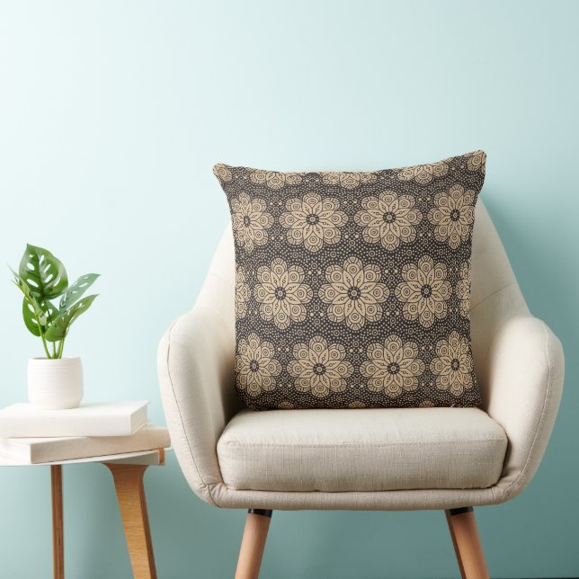 Beige and black ethnic mandala pattern cushion (Chair)