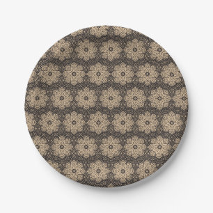 Beige and black ethnic mandala pattern paper plate