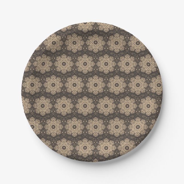 Beige and black ethnic mandala pattern paper plate (Front)