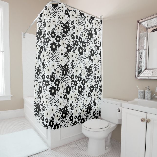 Beige and Black Flowers Shower Curtain (In Situ)