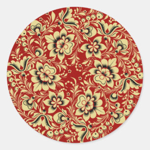 Beige and Black Hohloma on Red Classic Round Sticker