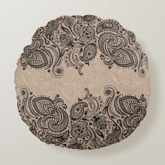 Beige And Black Paisley Lace Round Cushion (Front)