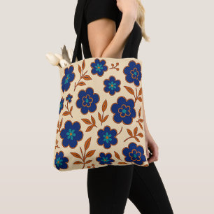 Beige and Blue Boho Floral Tote Bag
