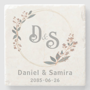 Beige and Blue Floral Custom Name Elegant Stone Coaster