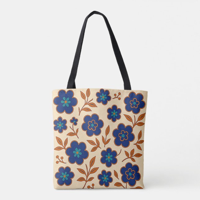 Beige and Blue Floral Tote Bag (Back)