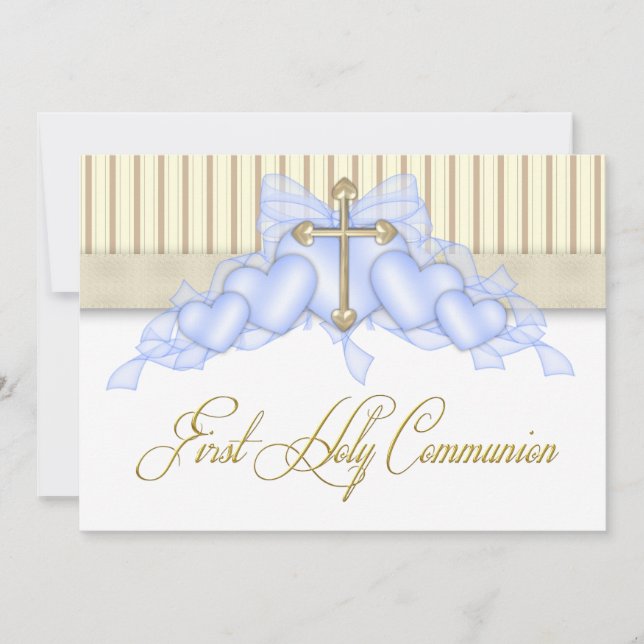 Beige and Blue Gold Cross Boys First Communion Invitation (Front)