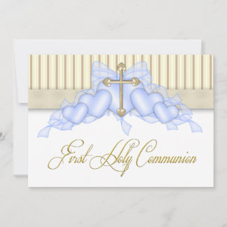 Beige and Blue Gold Cross Boys First Communion Invitation