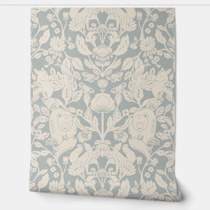 Beige and Blue Woodland Block Print Damask Wallpaper