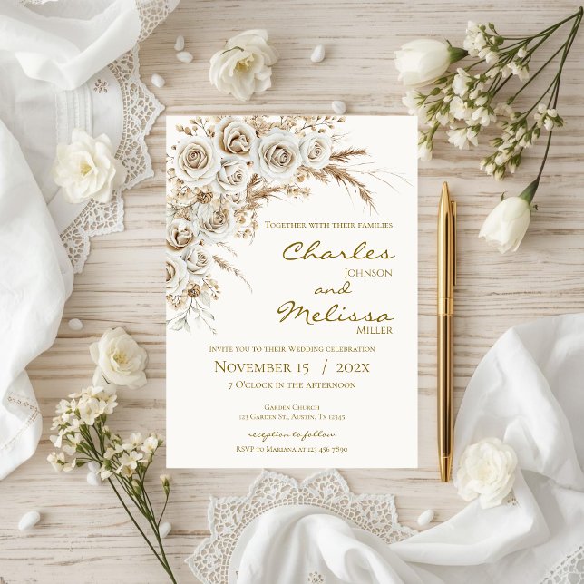 Beige and Boho Flowers Wedding Invitation (Creator Uploaded)