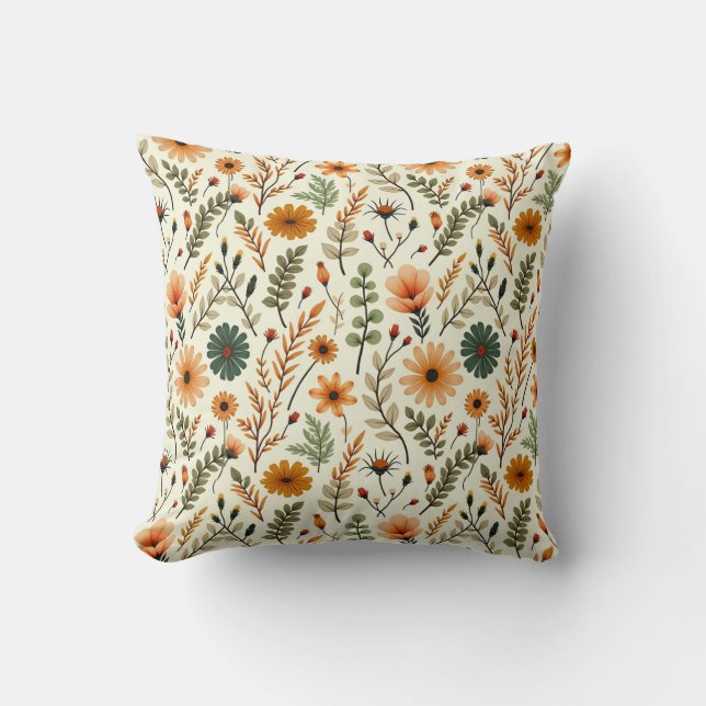 Beige and Brown Boho Flowers Cushion (Front)