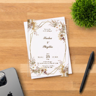 Beige and Brown Rustic Acrylic Wedding Invitations