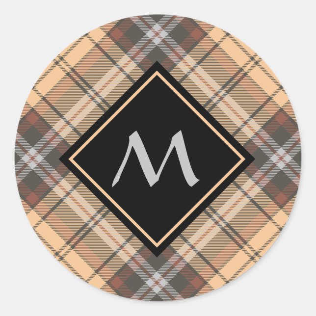 Beige and Brown Tartan Classic Round Sticker (Front)