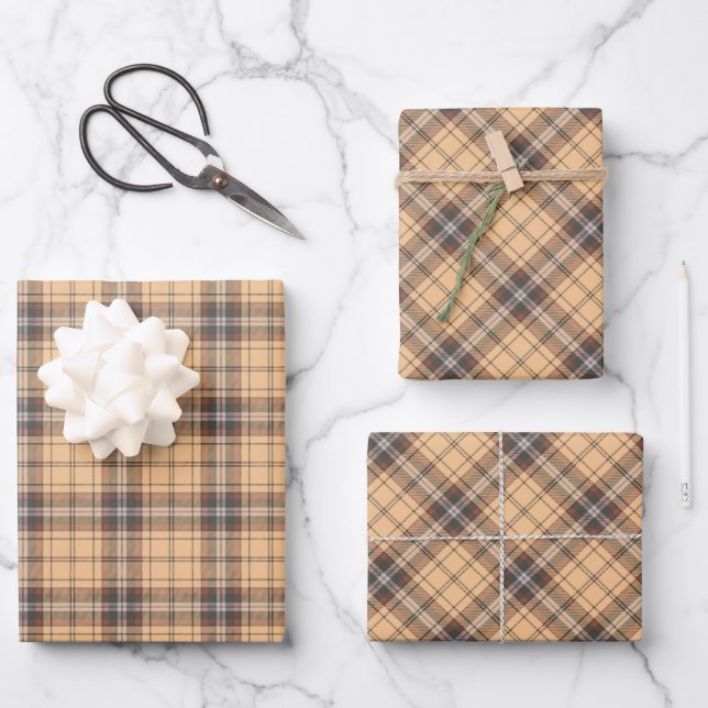Beige and Brown Tartan Wrapping Paper Sheet (Front)